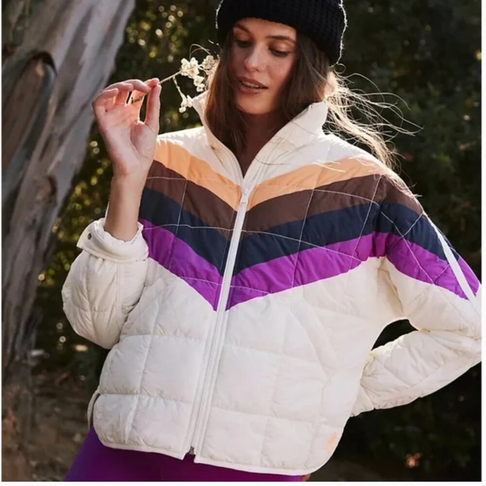 NWT Free People Movement X Hatch Printed Puffer Jacket Ivory Chevron Combo, XS